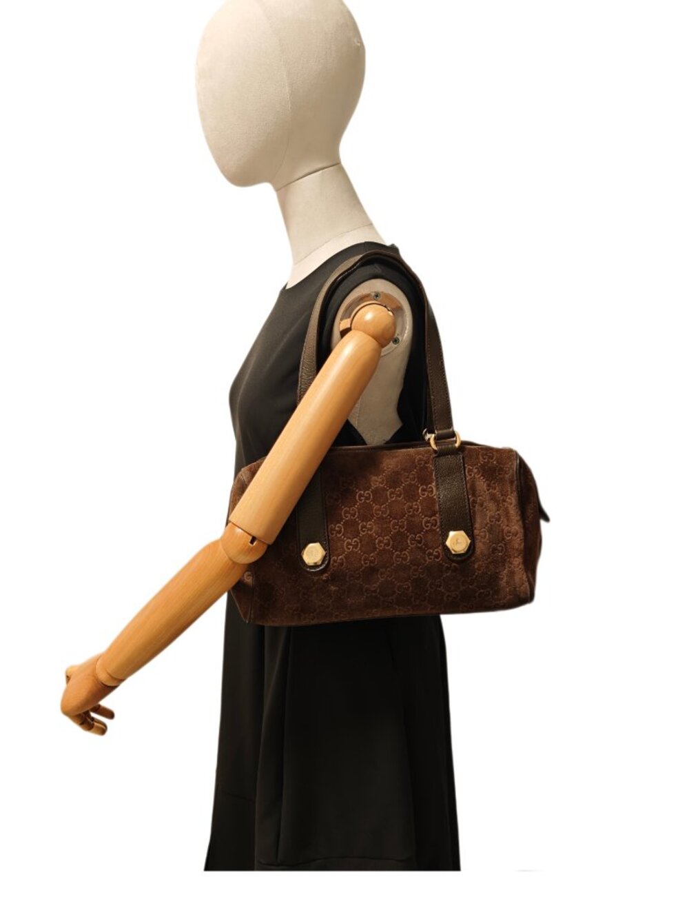 Gucci Vintage GG Monogram Suede Boston Shoulder Bag Brown Leather - Picture 2 of 13
